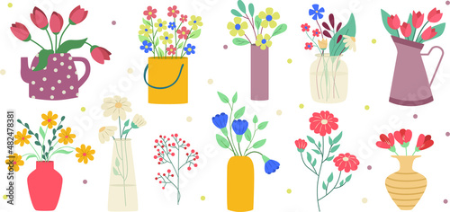Collection of garden and wild flowers in vases and bottles isolated on white background. Flower vases. Set of flowers. Flat stock flat illustration.