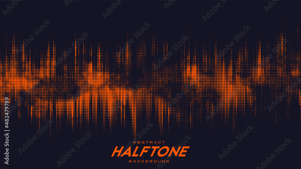 Abstract vector torn orange halftone sound wave. Scrathed dotted texture element.