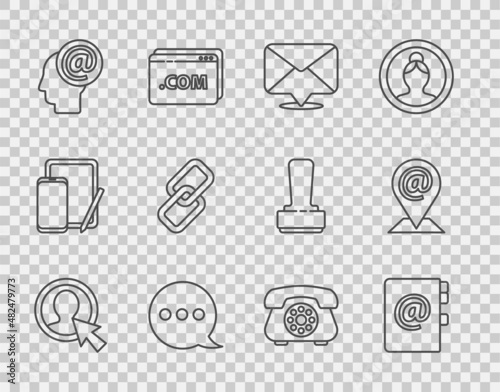 Set line Create account screen, Address book, Envelope, Speech bubble chat, Mail and e-mail, Chain link, Telephone and Location icon. Vector