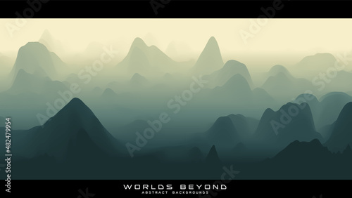 Abstract green landscape with misty fog till horizon over mountain slopes. Gradient eroded terrain surface. Worlds beyond.