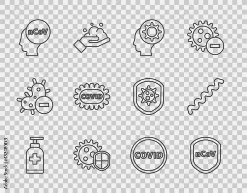 Set line Bottle of liquid antibacterial soap, Shield protecting from virus, Human and, Corona 2019-nCoV, covid-19, and Virus icon. Vector