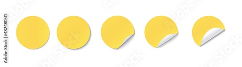 Yellow paper round adhesive sticker set with a folded edges. Blank templates of a price tag. Realistic vector stickers