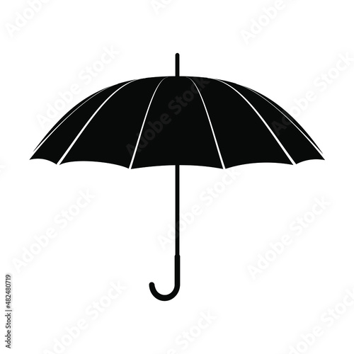 Black umbrella with long handle isolated on white background. Accessory for bad wet weather in the rainy and snowy season. Umbrella silhouette icon for apps, sites. Vector.