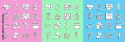 Set line Hairbrush, Sauna bucket and ladle, Spa salt, salon signboard, Cream or lotion cosmetic tube, Bottle of shampoo, Heart heal and Bathroom scales icon. Vector