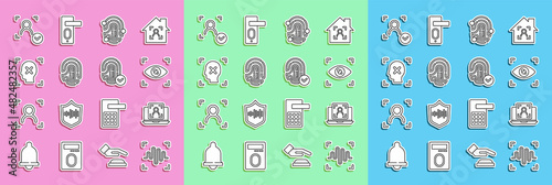 Set line Voice recognition, Laptop with face, Eye scan, Fingerprint, Rejection, Face and icon. Vector
