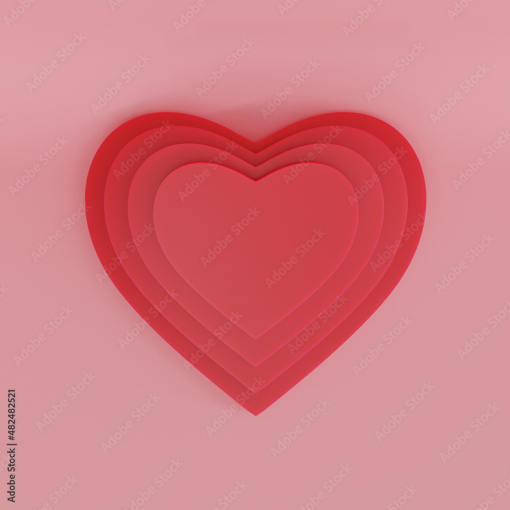 Red heart ornament on pink background, top view, minimal concept, 3D render