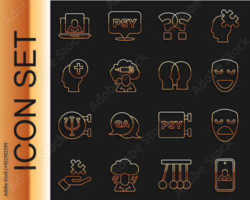 Set line Psychologist online, Drama theatrical mask, Comedy, Question mark, Addiction to drug, Man graves funeral sorrow, and Bipolar disorder icon. Vector