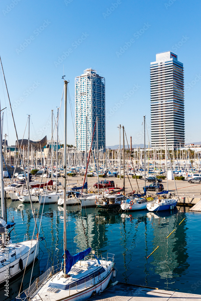 View at the towers in Port Olympic, the Olympic harbor in Barcelona, Catalonia, Spain