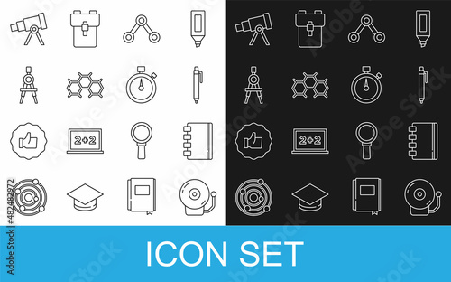 Set line Ringing alarm bell, Spiral notebook, Pen, Molecule, Chemical formula, Drawing compass, Telescope and Stopwatch icon. Vector