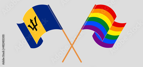 Crossed and waving flags of Barbados and LGBTQ
