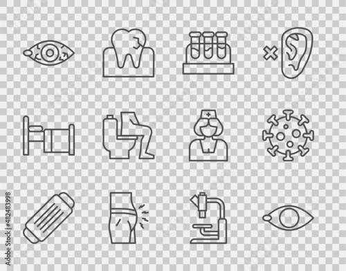Set line Medical protective mask, Blindness, Test tube with blood, Abdominal bloating, Reddish eye, Constipation, Microscope and Virus icon. Vector