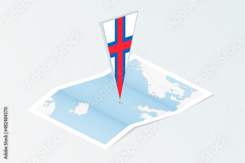 Isometric paper map of Faroe Islands with triangular flag of Faroe Islands in isometric style. Map on topographic background.