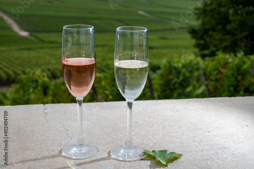 Glasses of white and rose brut champagne wine and view on grand cru vineyards of  Montagne de Reims near Verzenay, Champagne, France