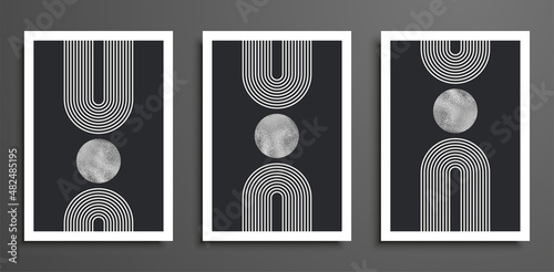 Set of modern minimalist mid century style abstract backgrounds. Wall art prints design. Simple geometric shapes. Boho line arch, textured circle, sun, moon, rainbow. Golden circle texture.