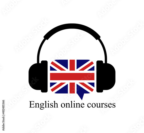 Vector english courses logo concept with british flag and headphones. English school logotype