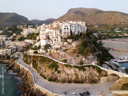 Aerial view on old and new parts of Sperlonga, ancient Italian city in province Latina on Tyrrhenian sea, tourists vacation destination photo