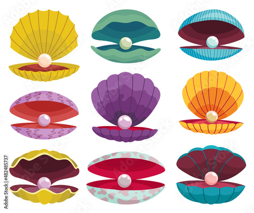 Pearls in seashell. Open seashell scallop and pearl shell icon set in various form and colors. Beautiful pearl in clam shell in cartoon flat style. Vector illustration isolated on white background