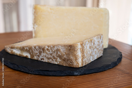 Cheese collection, hard French cheese old cantal made from raw cow milk with rind photo