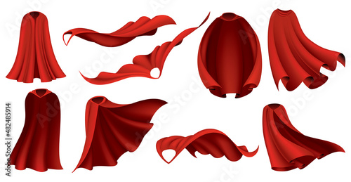 Superhero red capes. Carnival masquerade dress, 3d realistic costume design. Scarlet fabric silk cloak in different position, front, side and top view. Flying Mantle costume