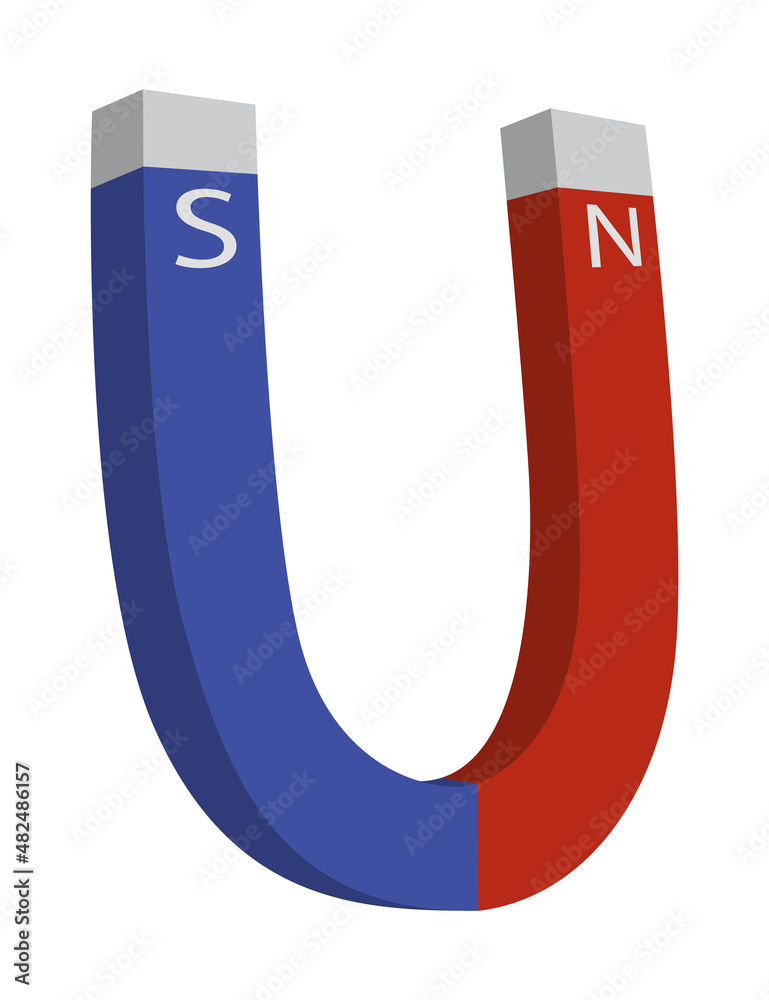 Red and blue magnet icon with two poles north and south isolated on white. Magnetism, magnetize, attraction concept. Power symbol Red and blue magnet icon with two poles north and south isolated on white. Magnetism, magnetize, attraction concept. Power symbol
