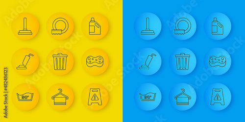 Set line Temperature wash, Vacuum cleaner, Trash can, Wet floor, Sponge, Rubber plunger, Bottle for cleaning agent and Washing dishes icon. Vector