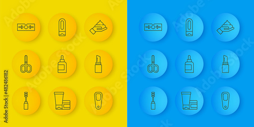 Set line Mascara brush, Scissors, Cream lotion cosmetic tube, Pumice for feet, Lipstick, Acne, and Bottle of shampoo icon. Vector