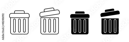 Set of trash bin icons in outline and bold design. Garbage rubbish sign. Recycling basket container. Utilization bucket in simple style. Isolated garbage trashbin. Vector EPS 10.