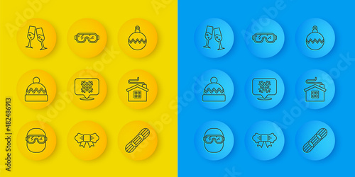 Set line Ski goggles, Winter hat, Snowflake speech bubble, Snowboard, Merry Christmas house, Glass of champagne, ball and icon. Vector