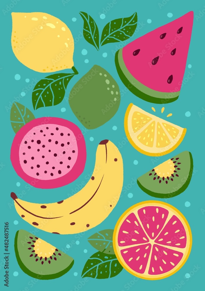 Poster with fruit. Fruit collection for prints, cards, interior design, stationery. Cut out lemon, lime, watermelon, kiwi, banana, grapefruit and dragon fruit. Tropical print