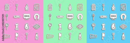 Set line Tabasco sauce, Barbecue grill, Sausage, Sauce bottle, Steak meat, Burning match with fire, Salt and icon. Vector