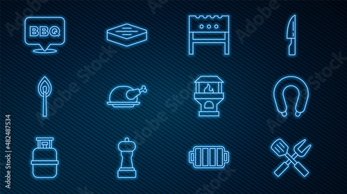 Set line Crossed fork and spatula, Sausage, BBQ brazier, Roasted turkey chicken, Burning match with fire, Barbecue, Brick stove and Steak meat icon. Vector