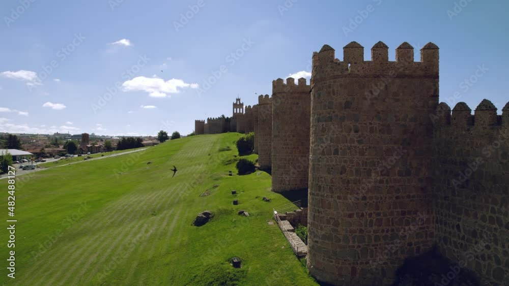 Drone point of view Avila cityscape, known by medieval walls, town called by Town of Stones and Saints. Famous place, spanish landmark in the Castile and Leon. UNESCO. Spain