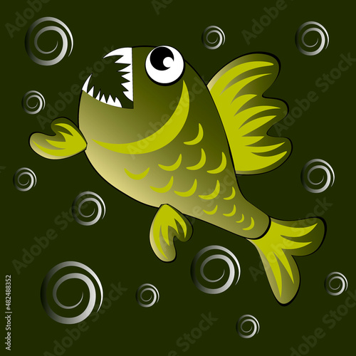 predatory evil piranha fish. Fabulous underwater world. Styling, cartoon style