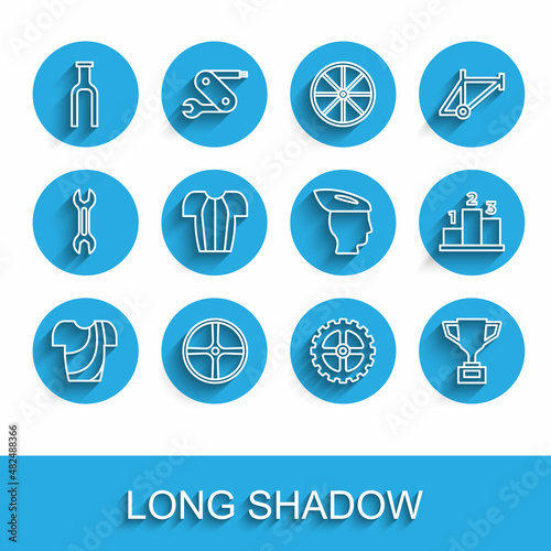 Set line Cycling t-shirt, Bicycle wheel, fork, sprocket crank, Award cup with bicycle, over sports winner podium and helmet icon. Vector