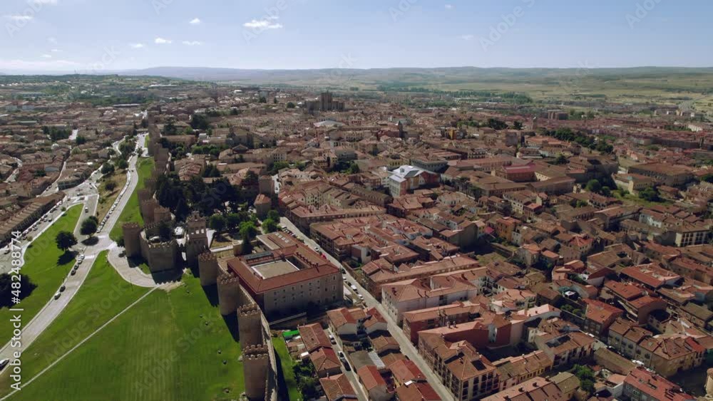Drone point of view Avila cityscape, known by medieval walls, town called by Town of Stones and Saints. Famous place, spanish landmark in the Castile and Leon. UNESCO. Spain