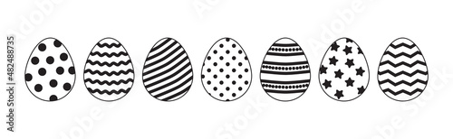 Easter egg vector icon line art, black outline set, holiday cartoon eggs different shapes simple contour isolated on white bckground. Graphic drawing illustration