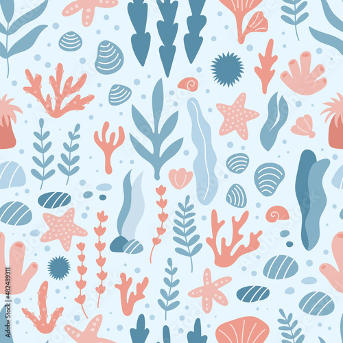 Childish vector seamless pattern with underwater ocean plants. Sea marine life. Coral reefs. Hand drawn seaweeds, stones, marine algae and shells.