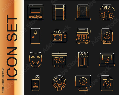 Set line AVI file document, Video recorder on laptop, MP4, Makeup mirror with lights, Photo camera, Backstage, and Retro typewriter icon. Vector