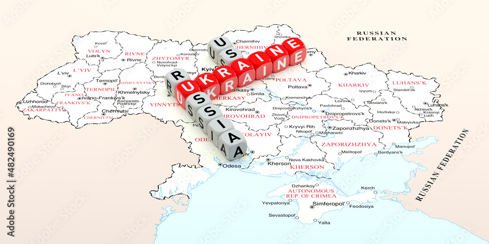 Russian Ukraine Conflict Concept Crossword with Map. 3d Rendering