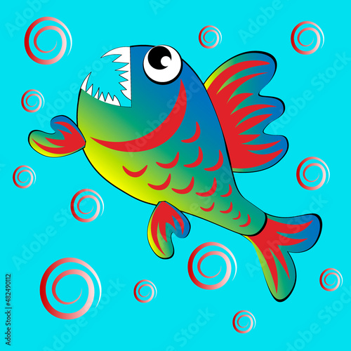 predatory evil piranha fish. Fabulous underwater world. Styling, cartoon style