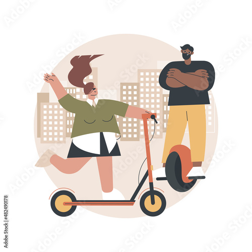 Urban electric transport abstract concept vector illustration. Rental electric bikes, escooter eskateboard using, modern city life style, urban mobility, sustainable transport abstract metaphor.
