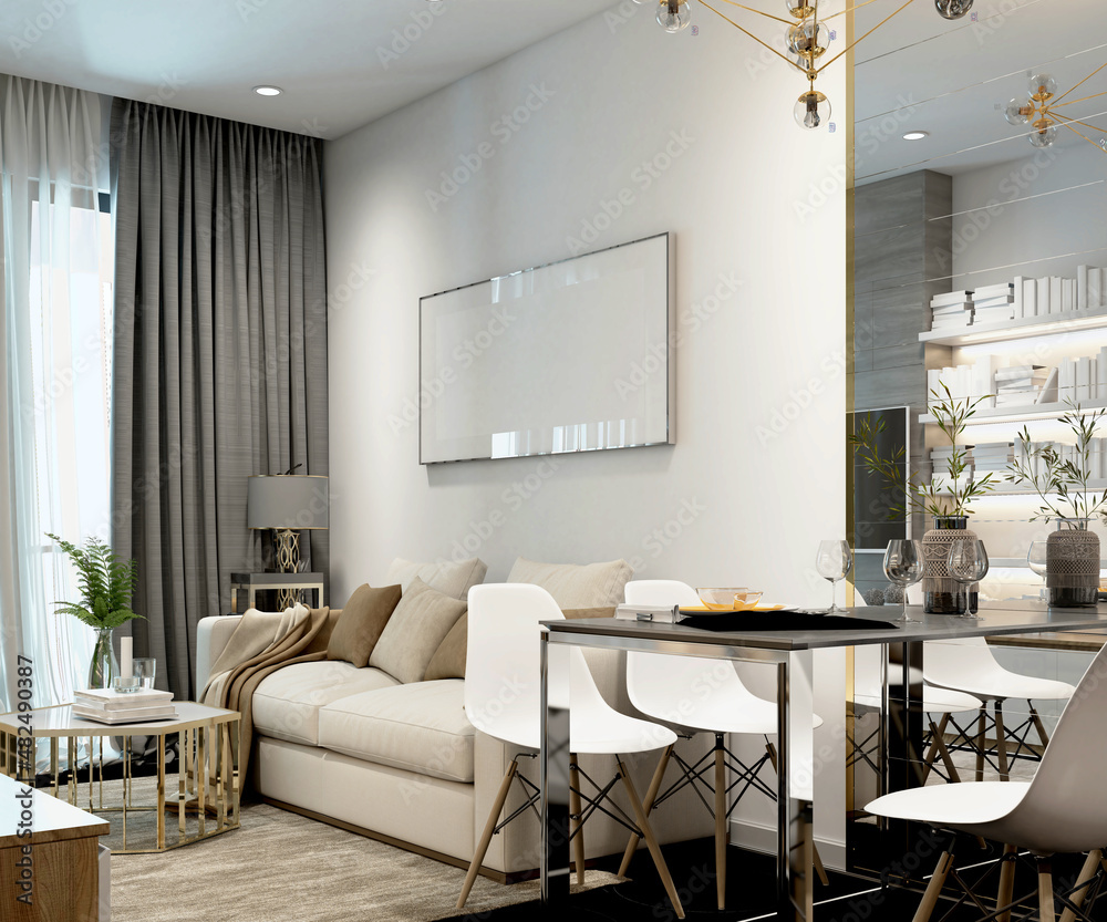 Fototapeta premium 3d render of living room and kitchen