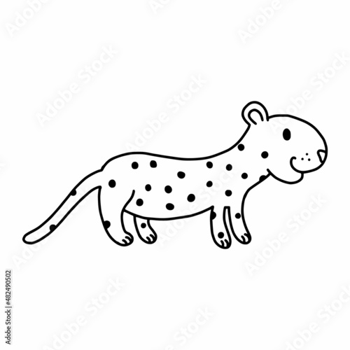 Cute spotted leopard. Vector doodle illustration. African animal. Coloring book for kids.