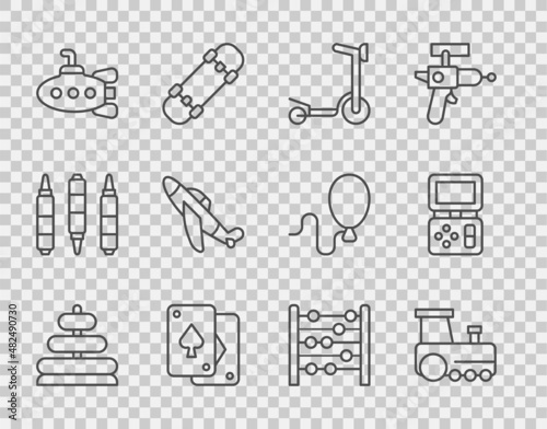 Set line Pyramid toy, Toy train, Roller scooter, Playing cards, Submarine, plane, Abacus and Tetris electronic game icon. Vector