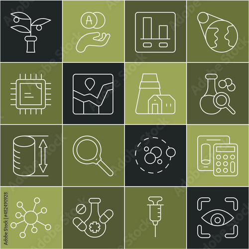 Set line Eye scan, Calculator, Test tube, Graph chart infographic, Processor CPU, Plant breeding and Power station plant icon. Vector