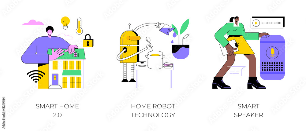 Smart living environment abstract concept vector illustration set. Smart home 2.0, home robot technology, voice-activated speaker, vacuum cleaner, interactive IoT infrastructure abstract metaphor.