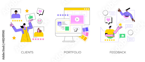 Business landing page abstract concept vector illustration set. Clients, portfolio, feedback, corporate website, project main customers, menu bar, navigation design, service catalog abstract metaphor.