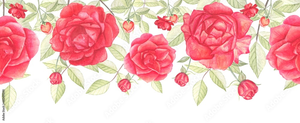 Watercolor seamless border - illustration with light red roses, green leaves for wedding stationery, greetings, postcards.