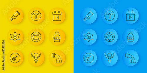 Set line Mars symbol, Falling star, Sun, Aquarius zodiac, Bottle of water, Telescope, Calendar and Aries icon. Vector