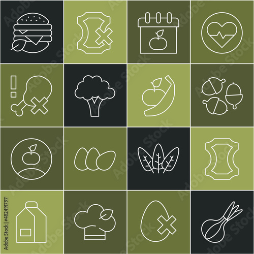 Set line Onion, Leather, Acorn, World Vegetarian day, Broccoli, No chicken leg, Vegan food diet and Apple and banana icon. Vector
